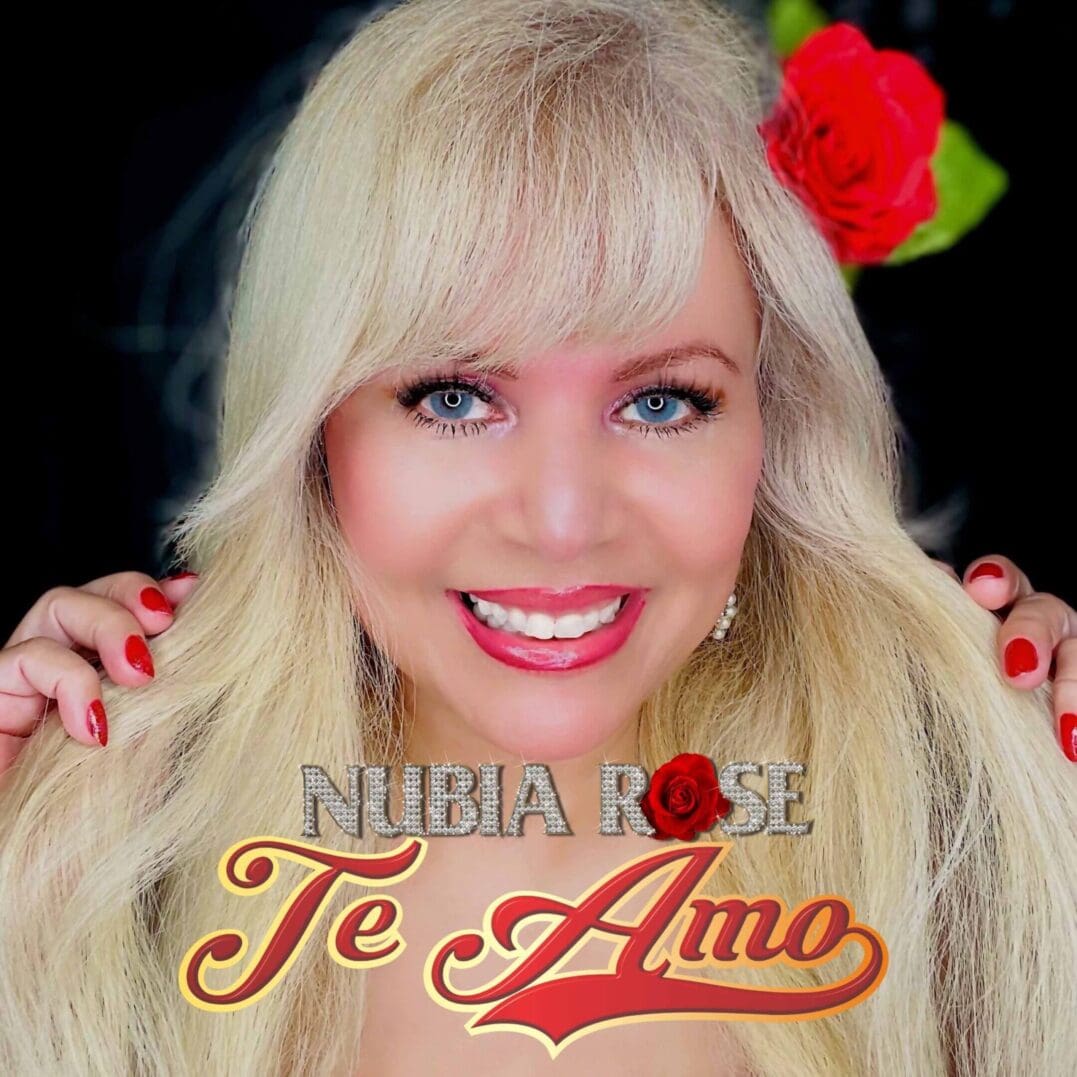 A smiling blonde woman with a red rose in her hair and 'Te Amo' text overlay.