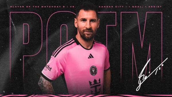Soccer player in pink jersey, POTM award.