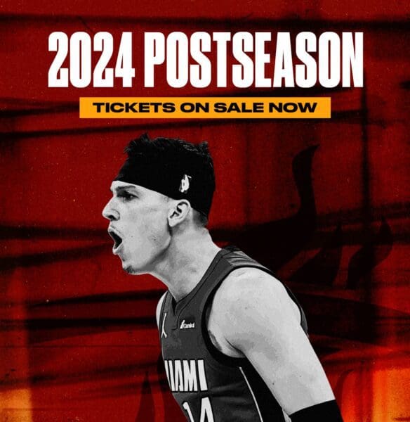 Basketball player promoting 2024 postseason tickets.