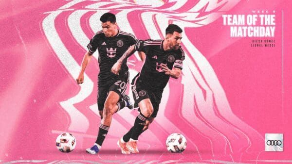 Soccer players in black jerseys on pink background.