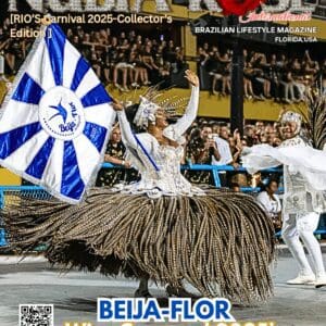 Carnival dancers celebrate with vibrant costumes and flags.
