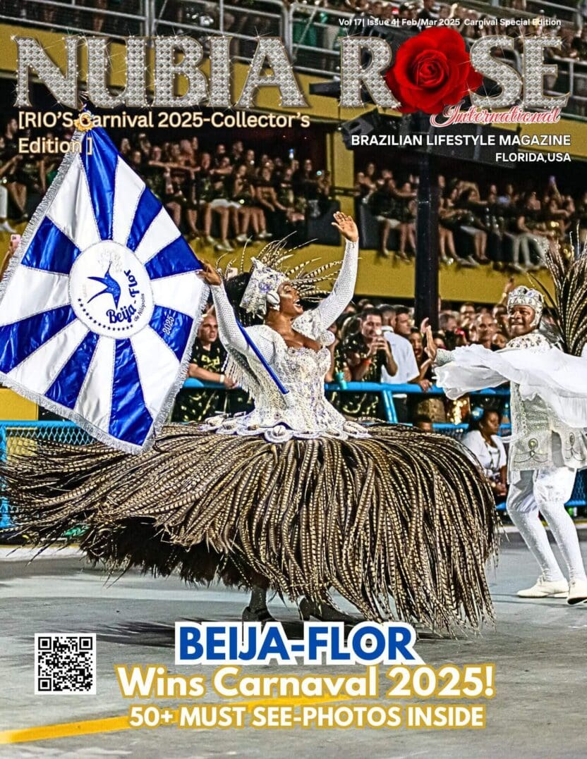 Carnival dancers celebrate with vibrant costumes and flags.