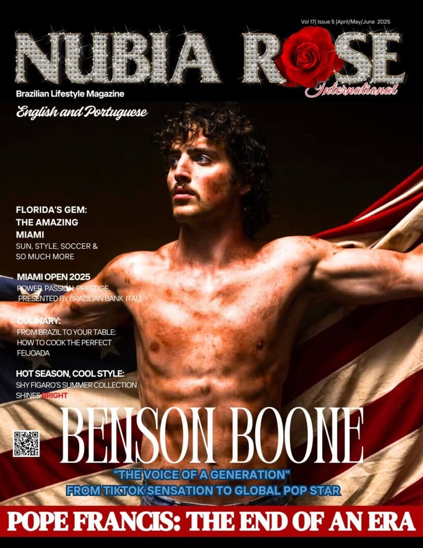 Magazine cover featuring shirtless man with flag.