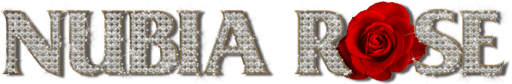 Glittering text 'Nubia Rose' with rose.