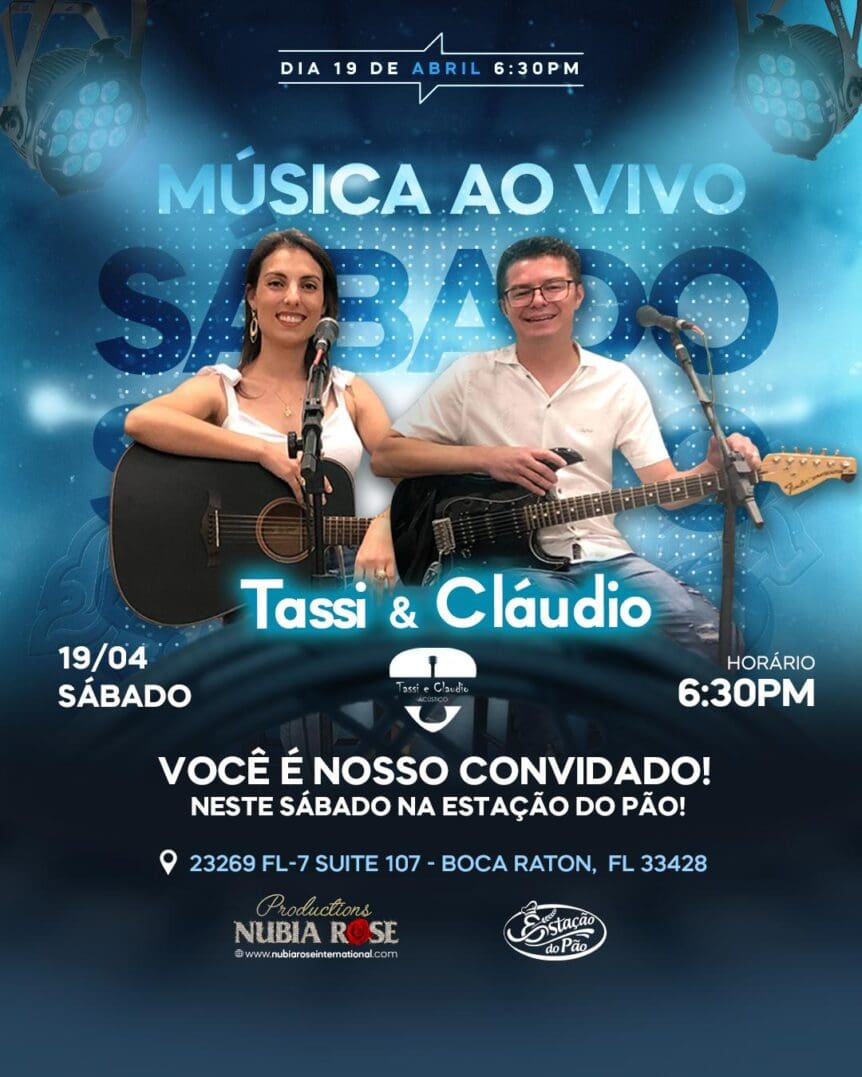 Tassi and Cláudio performing live Saturday at 6:30 PM.