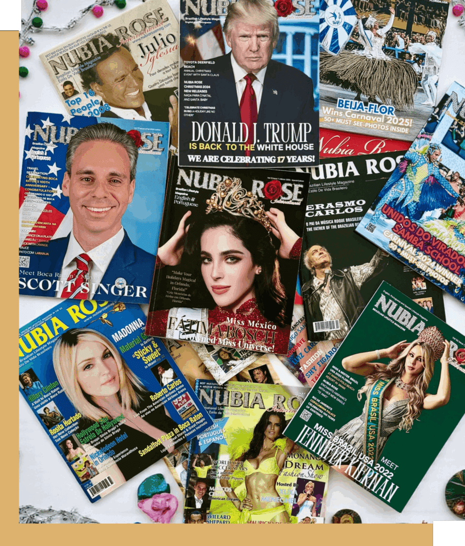 Nubia Rose magazine covers collage on display.