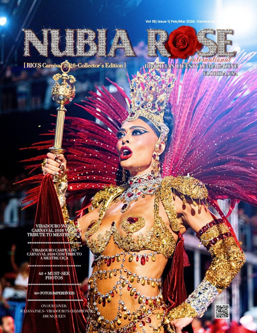 Carnival dancer in ornate red feather costume
