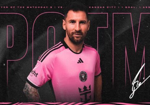 Soccer player in pink jersey, POTM award.