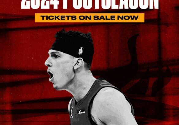 Basketball player promoting 2024 postseason tickets.