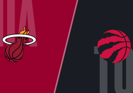 Miami Heat vs. Toronto Raptors logos.