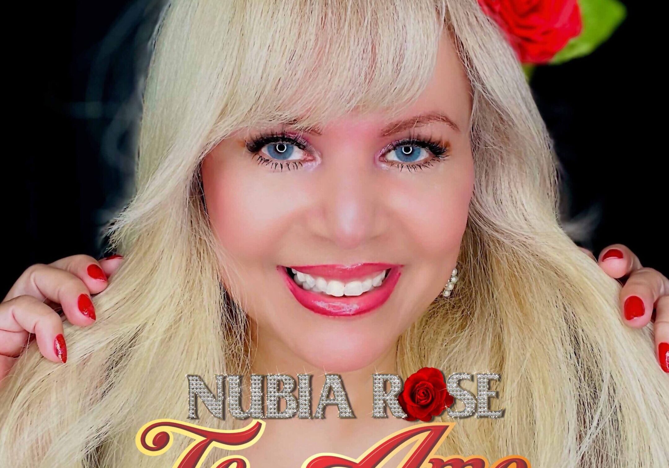 A smiling blonde woman with a red rose in her hair and 'Te Amo' text overlay.